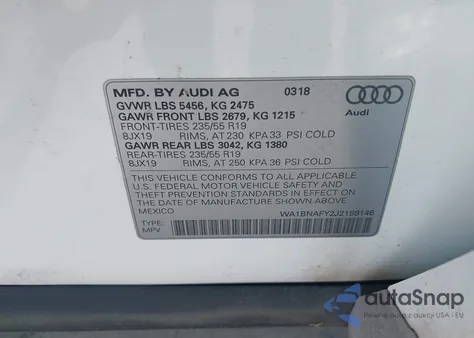 2018 Audi Q5 2.0T Premium/2.0T Tech Premium z USA, uszkodzony, nr VIN WA1BNAFY2J2159146